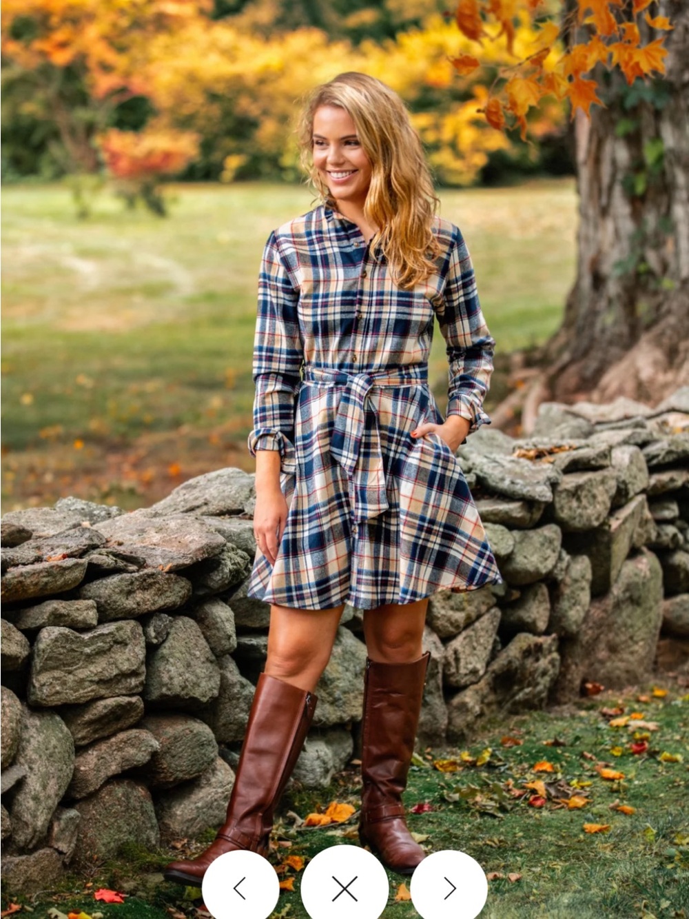 Plaid Tie-Waist Shirt Dress in Navy and Cream